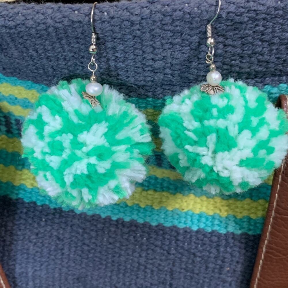 Handcrafted Green White Pom Pom Earring Show Team's Irish Celtic Pride Unique